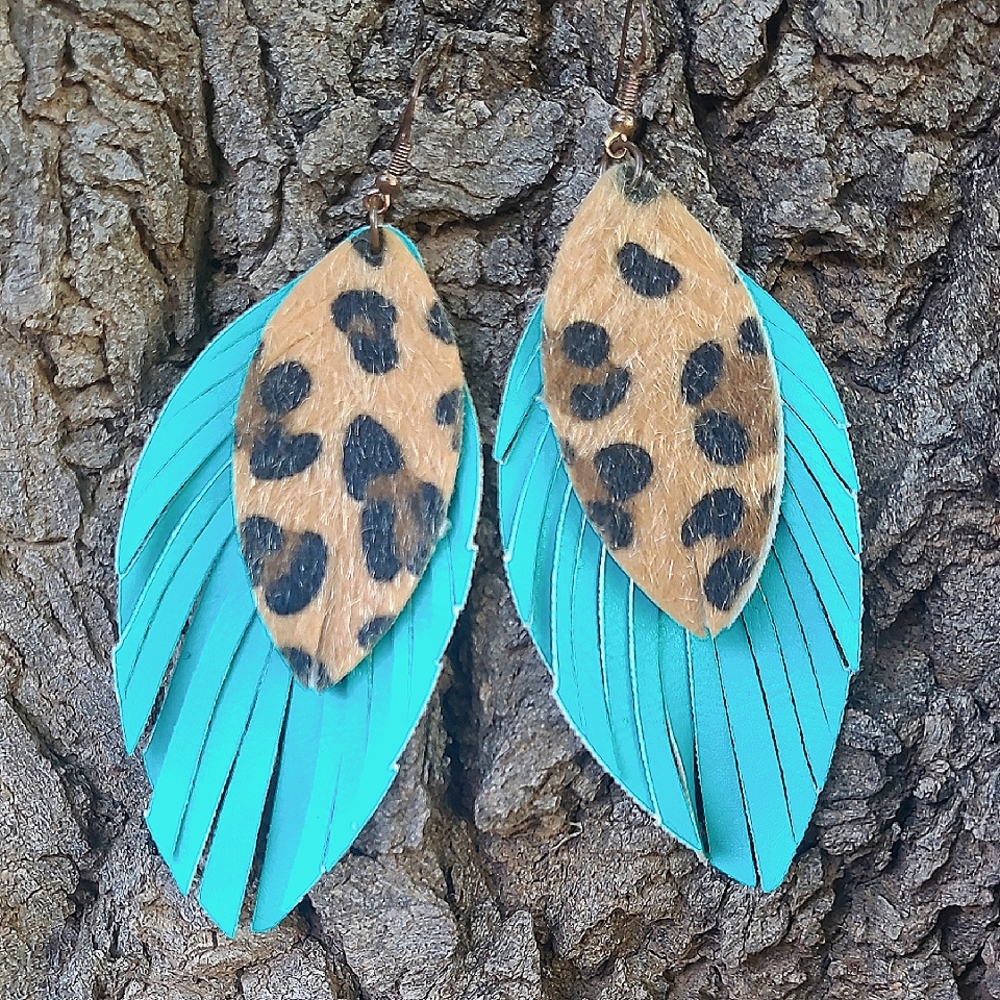 Leopard Print and Turquoise Feather Earrings